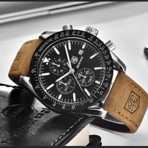 NWT Chronograph Men's Luxury Watch - Black & Tan Leather